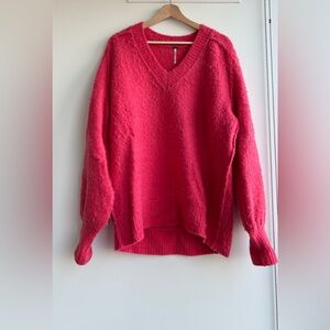 Free People Vibrant Pink V-Neck Sweater